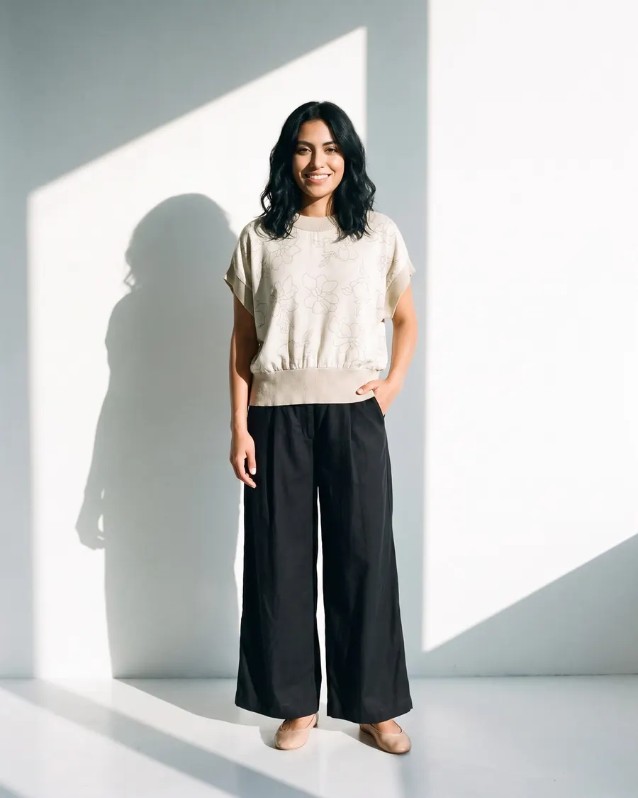 Modelo virtual morocha con remera estampada y pantalón negro, foto 1 de 4